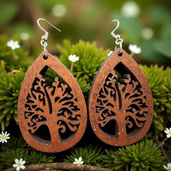 Wooden Cutout Tree of Life Earrings Silver Plated Ear Wires Handmade - Picture 1 of 4